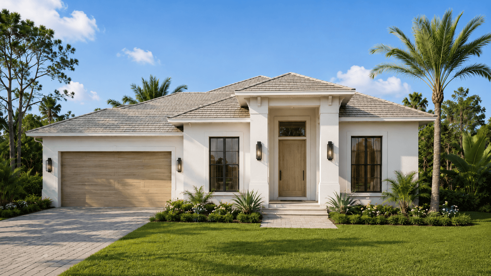 Warm modern single-family home exterior with clean stucco, wood garage and entry details, and tropical landscaping