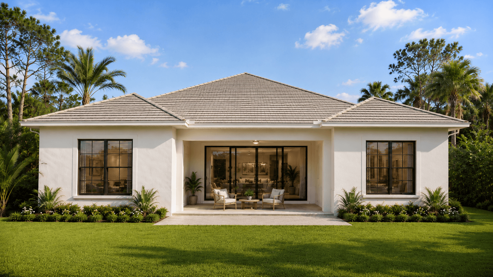 AI generated rear elevation concept with covered patio, sliding glass doors, and tropical landscaping